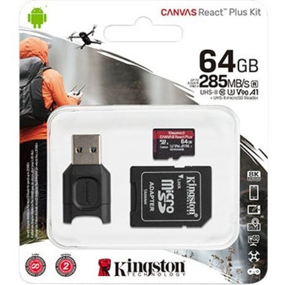 Carte microSDXC Kingston Canvas React Plus 64 Go Classe 10/UHS-II (U3) MLPMR2/64 Go
