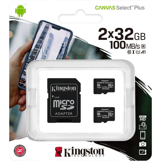 Carte microSDHC Kingston Canvas Select Plus 32 Go Classe 10/UHS-I (U1) - Lot de 2 SDCS2/32GB-2P1A