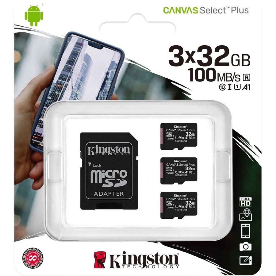 Kingston Canvas Select Plus 32 Go microSDHC Classe 10/UHS-I (U1) - Lot de 3 SDCS2/32GB-3P1A