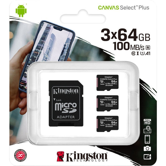 Carte microSDXC Kingston Canvas Select Plus 64 Go Classe 10/UHS-I (U1) - Lot de 3 SDCS2/64GB-3P1A