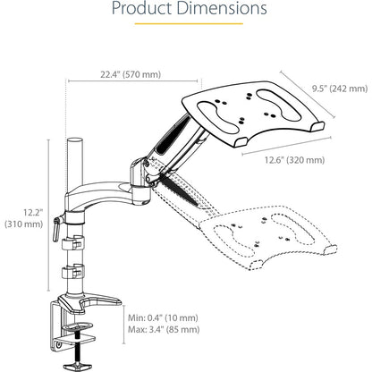 StarTech.com Support de bureau pour ordinateur portable, bras articulé à mouvement complet/support pour ordinateur portable ou écran 34 pouces, plateau pour ordinateur portable à montage VESA, réglable ARMUNONB1