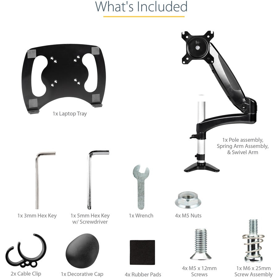 StarTech.com Support de bureau pour ordinateur portable, bras articulé à mouvement complet/support pour ordinateur portable ou écran 34 pouces, plateau pour ordinateur portable à montage VESA, réglable ARMUNONB1