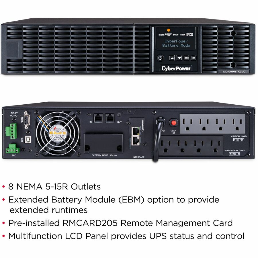 Systèmes d'onduleurs CyberPower OL1000RTXL2UN Smart App en ligne - Capacité : 1 000 VA / 900 W OL1000RTXL2UN