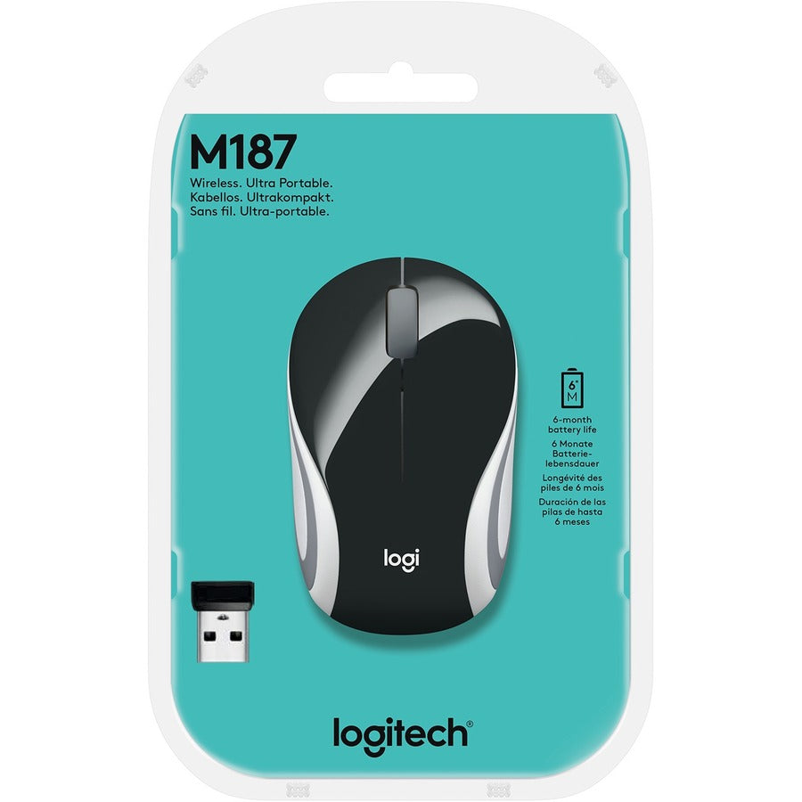 Souris sans fil Logitech Mini M187 ultra portable, 2,4 GHz avec récepteur USB, suivi optique 1 000 DPI, 3 boutons, PC/Mac/ordinateur portable - Noir (avec bande blanche) 910-005459
