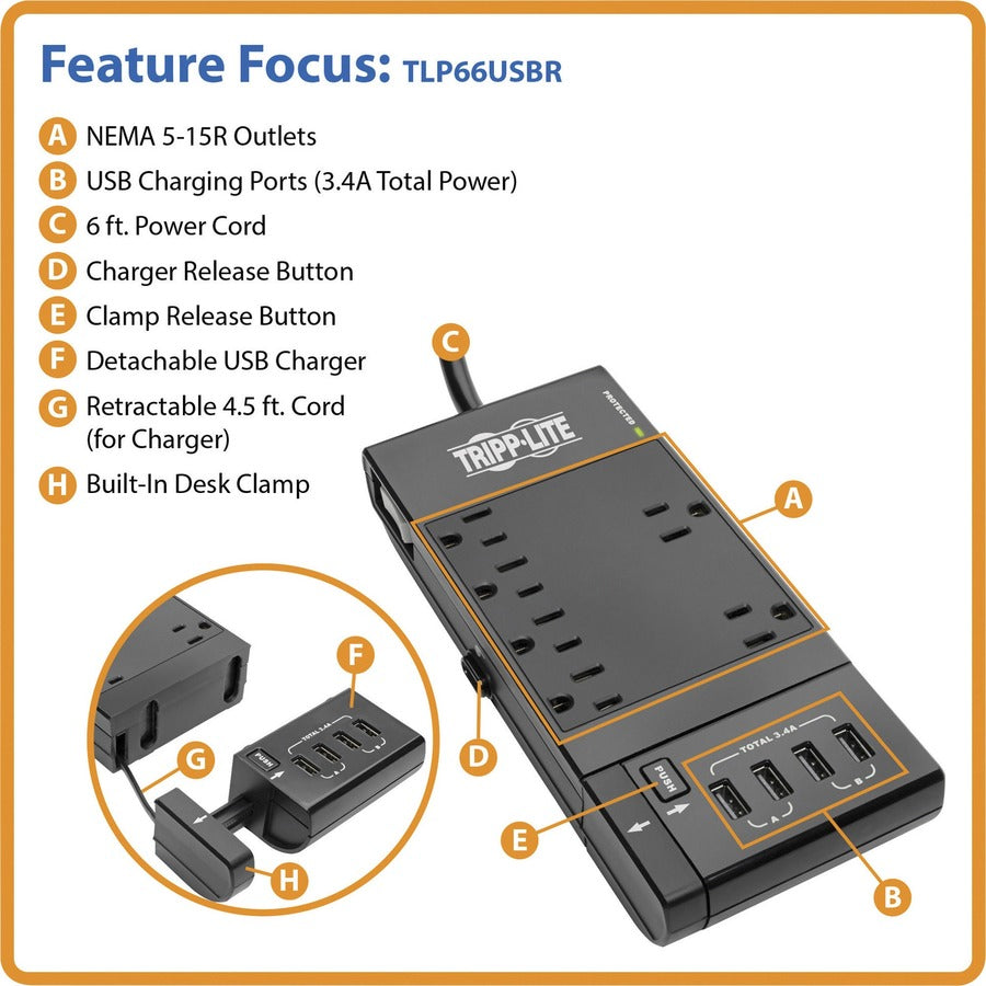 Multiprise avec parasurtenseur Tripp Lite 6 prises avec 4 ports de chargement/synchronisation USB - 6 x NEMA 5-15R, 4 x USB - 1800 VA - 1080 J - Entrée 120 V CA TLP66USBR