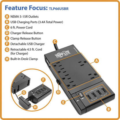 Multiprise avec parasurtenseur Tripp Lite 6 prises avec 4 ports de chargement/synchronisation USB - 6 x NEMA 5-15R, 4 x USB - 1800 VA - 1080 J - Entrée 120 V CA TLP66USBR