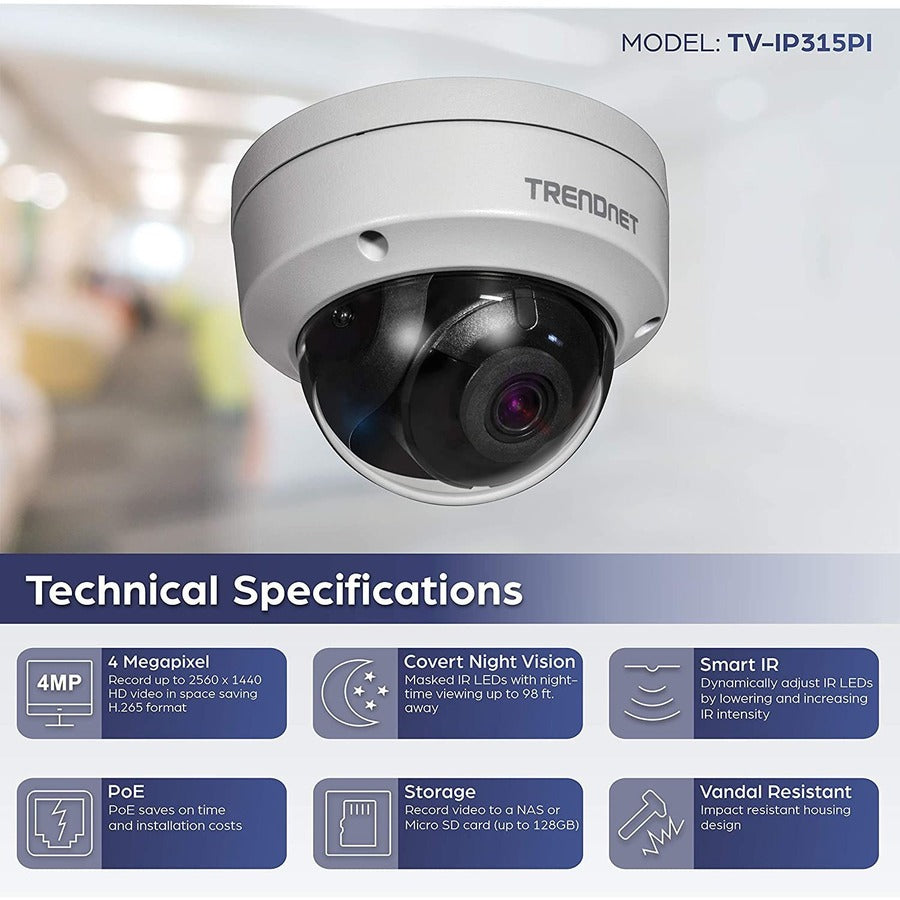 TRENDnet Indoor Outdoor 4 Megapixel HD PoE IR Dome Network Camera, Digital WDR, 2688 x 1520p, IP66 Rated Housing, IR Night Vision Up To 30m (98 ft.), ONVIF, IPv6, White, TV-IP315PI TV-IP315PI