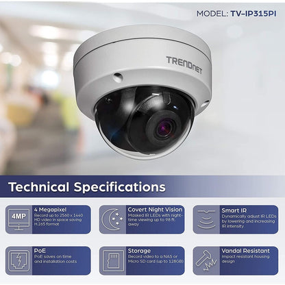 TRENDnet Indoor Outdoor 4 Megapixel HD PoE IR Dome Network Camera, Digital WDR, 2688 x 1520p, IP66 Rated Housing, IR Night Vision Up To 30m (98 ft.), ONVIF, IPv6, White, TV-IP315PI TV-IP315PI