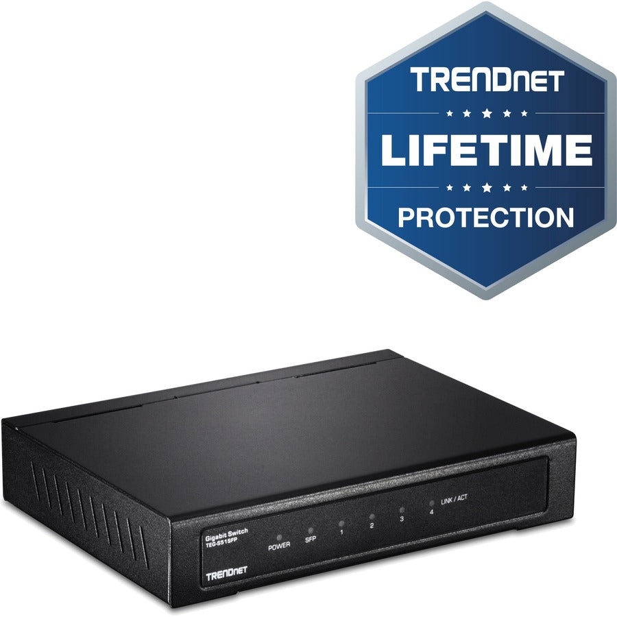 Commutateur Gigabit à 4 ports TRENDnet avec emplacement SFP, capacité de commutation de 10 Gbit/s, sans ventilateur, QoS 802.1p, ports orientés vers l'arrière, boîtier métallique, commutateur Ethernet réseau, protection à vie, noir, TEG-S51SFP TEG-S51SFP