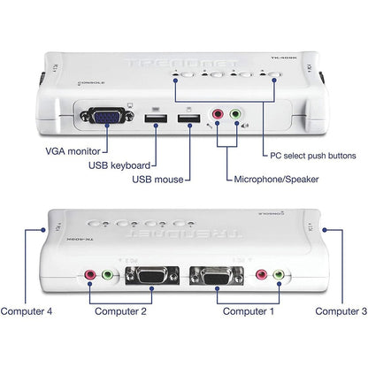 TRENDnet 4-Port USB KVM Switch and Cable Kit With Audio, Manage 4 Computers, USB Switch, Windows, Linux, Auto-Scan, Plug And Play, Hot Pluggable, 2048 x 1536 VGA Resolution, White, TK-409K TK-409K