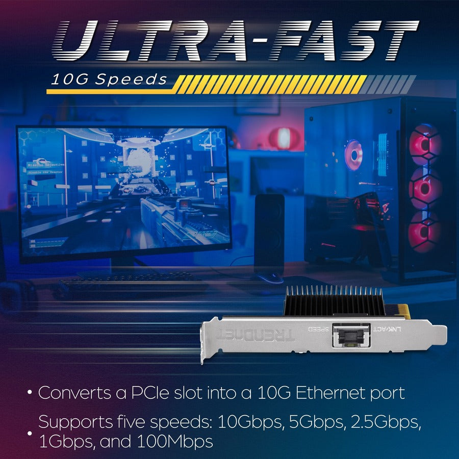 Adaptateur réseau PCIe 10 Gigabit TRENDnet, convertit un emplacement PCIe en un port Ethernet 10G, prend en charge le VLAN 802.1Q, comprend des supports standard et discrets, PCIe 2.0, PCIe 3.0, argent, TEG-10GECTX TEG-10GECTX