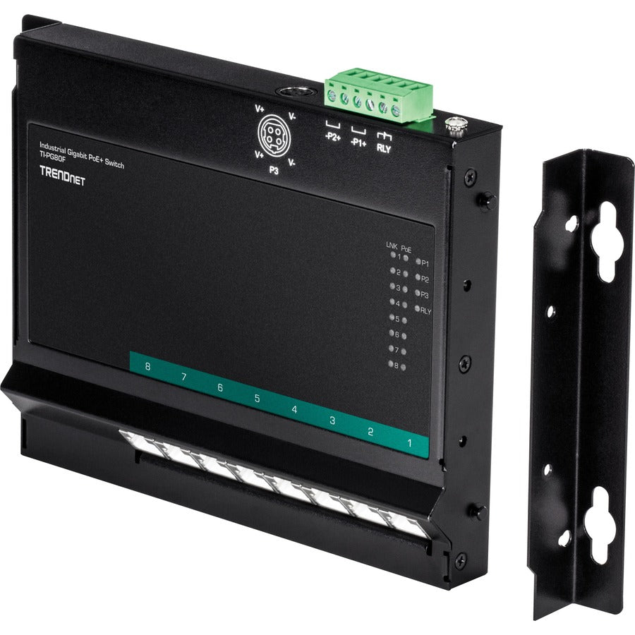 Commutateur d'accès frontal mural industriel Gigabit Poe+ à 8 ports TRENDnet ; 8 ports Gigabit Poe+ ; montage sur rail DIN ; entrée d'alimentation CC 48 ?57 V ; IP30 ; budget Poe 200 W ; protection à vie ; TI-PG80F TI-PG80F