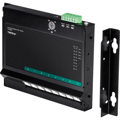 Commutateur d'accès frontal mural industriel Gigabit Poe+ à 8 ports TRENDnet ; 8 ports Gigabit Poe+ ; montage sur rail DIN ; entrée d'alimentation CC 48 ?57 V ; IP30 ; budget Poe 200 W ; protection à vie ; TI-PG80F TI-PG80F