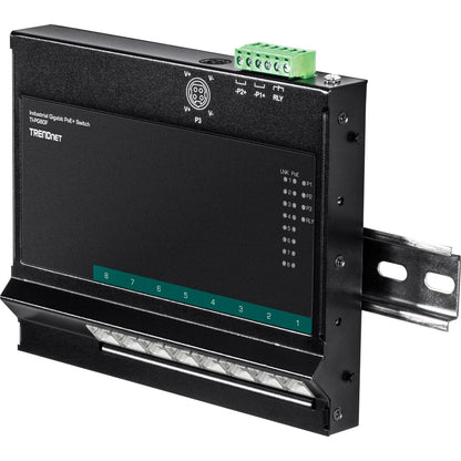 Commutateur d'accès frontal mural industriel Gigabit Poe+ à 8 ports TRENDnet ; 8 ports Gigabit Poe+ ; montage sur rail DIN ; entrée d'alimentation CC 48 ?57 V ; IP30 ; budget Poe 200 W ; protection à vie ; TI-PG80F TI-PG80F