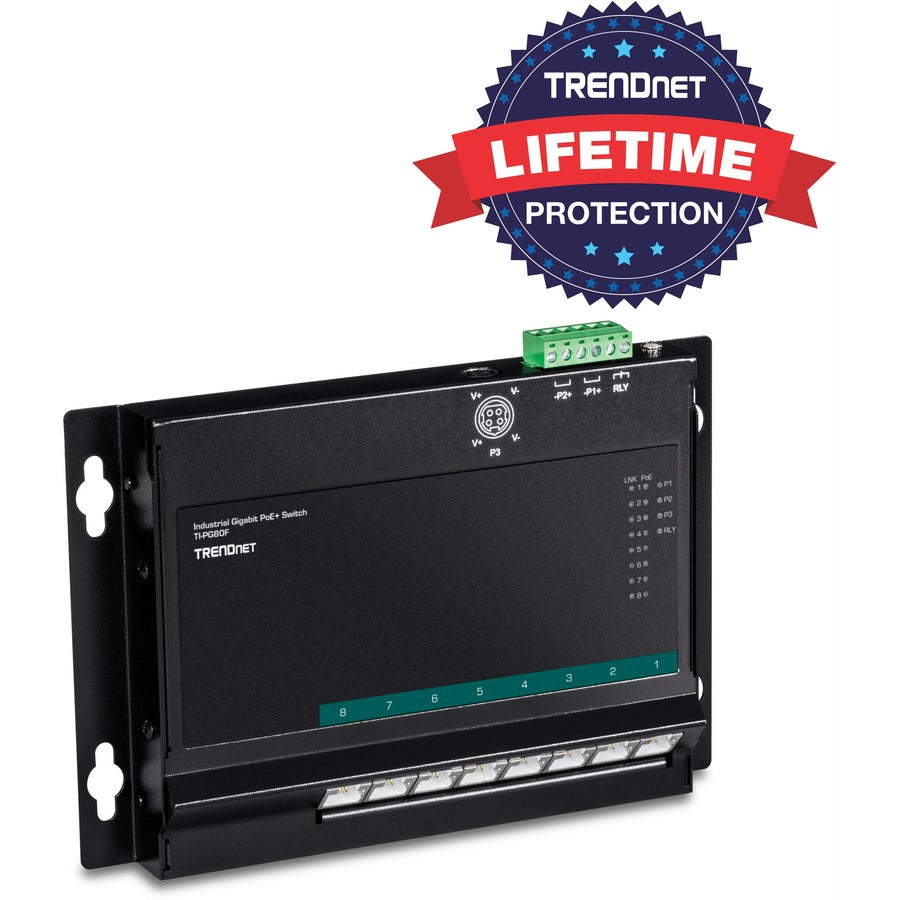 Commutateur d'accès frontal mural industriel Gigabit Poe+ à 8 ports TRENDnet ; 8 ports Gigabit Poe+ ; montage sur rail DIN ; entrée d'alimentation CC 48 ?57 V ; IP30 ; budget Poe 200 W ; protection à vie ; TI-PG80F TI-PG80F