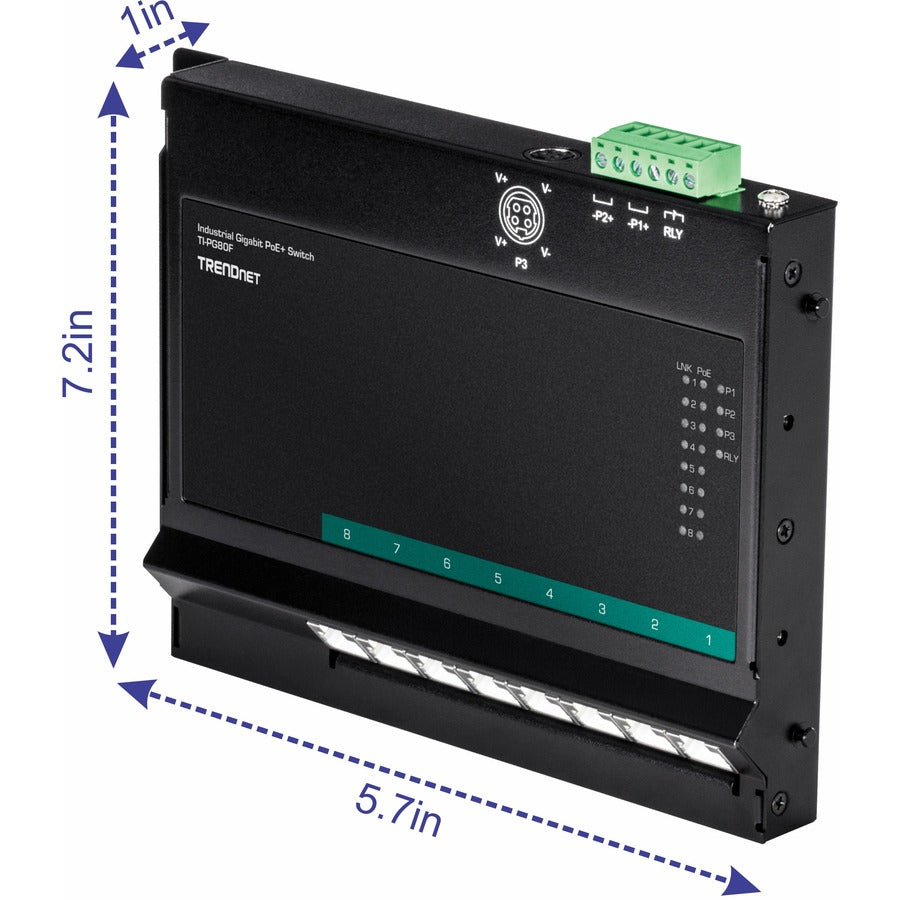 Commutateur d'accès frontal mural industriel Gigabit Poe+ à 8 ports TRENDnet ; 8 ports Gigabit Poe+ ; montage sur rail DIN ; entrée d'alimentation CC 48 ?57 V ; IP30 ; budget Poe 200 W ; protection à vie ; TI-PG80F TI-PG80F