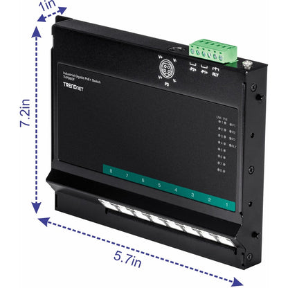 Commutateur d'accès frontal mural industriel Gigabit Poe+ à 8 ports TRENDnet ; 8 ports Gigabit Poe+ ; montage sur rail DIN ; entrée d'alimentation CC 48 ?57 V ; IP30 ; budget Poe 200 W ; protection à vie ; TI-PG80F TI-PG80F