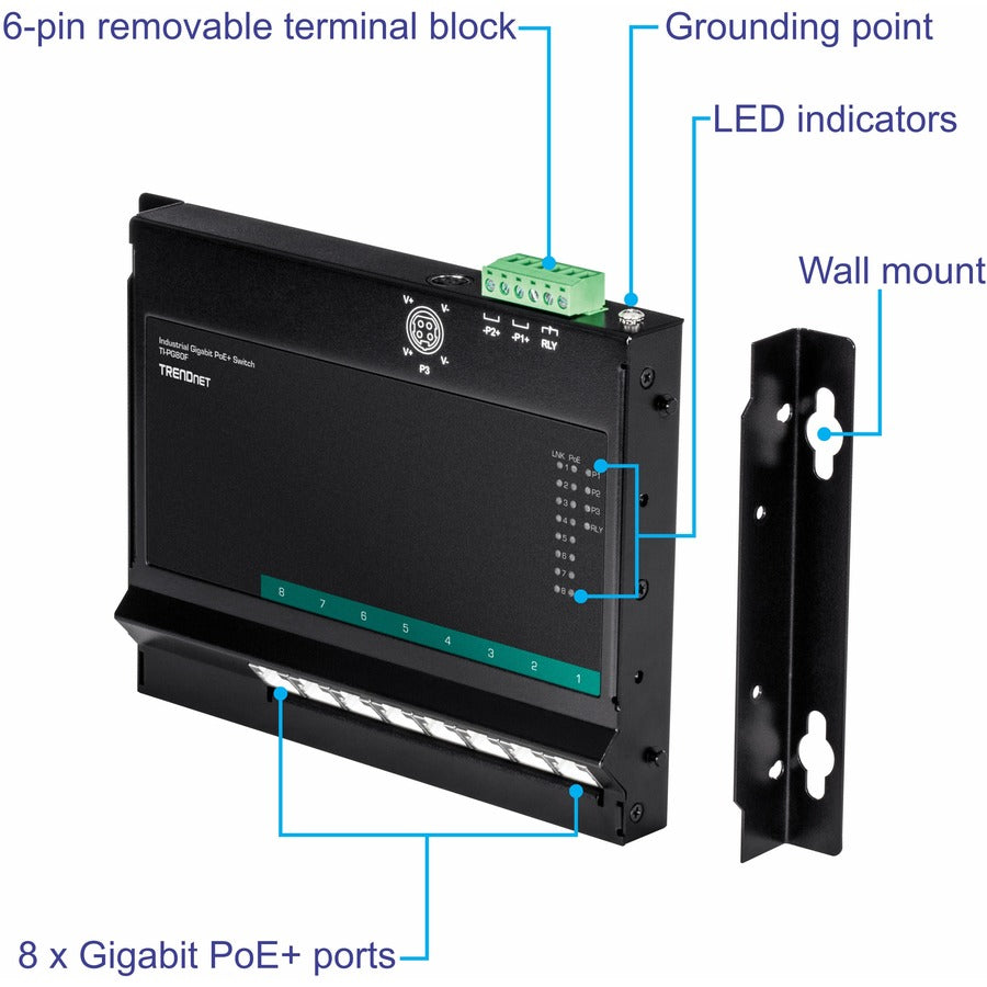 Commutateur d'accès frontal mural industriel Gigabit Poe+ à 8 ports TRENDnet ; 8 ports Gigabit Poe+ ; montage sur rail DIN ; entrée d'alimentation CC 48 ?57 V ; IP30 ; budget Poe 200 W ; protection à vie ; TI-PG80F TI-PG80F