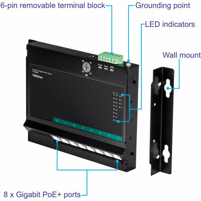 Commutateur d'accès frontal mural industriel Gigabit Poe+ à 8 ports TRENDnet ; 8 ports Gigabit Poe+ ; montage sur rail DIN ; entrée d'alimentation CC 48 ?57 V ; IP30 ; budget Poe 200 W ; protection à vie ; TI-PG80F TI-PG80F