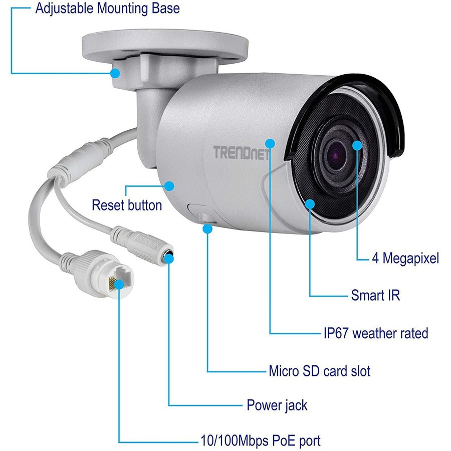 Caméra réseau Bullet PoE 8MP 4K H.265 120 dB WDR TRENDnet pour intérieur/extérieur, TV-IP1318PI, boîtier IP67 résistant aux intempéries, vision nocturne infrarouge SmartCovert jusqu'à 30 m (98 pi), emplacement pour carte microSD TV-IP1318PI