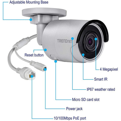 Caméra réseau Bullet PoE 8MP 4K H.265 120 dB WDR TRENDnet pour intérieur/extérieur, TV-IP1318PI, boîtier IP67 résistant aux intempéries, vision nocturne infrarouge SmartCovert jusqu'à 30 m (98 pi), emplacement pour carte microSD TV-IP1318PI