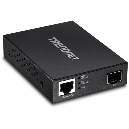 Convertisseur de média fibre optique TRENDnet Gigabit Poe Pd SFP ; convertisseur de média fibre 100/1000Base-T vers SFP alimenté par Poe ; conception compacte ; TFC-PGSFP TFC-PGSFP