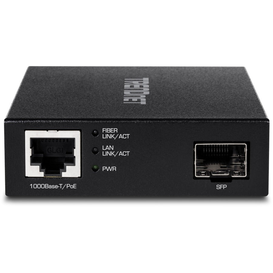 Convertisseur de média fibre optique TRENDnet Gigabit Poe Pd SFP ; convertisseur de média fibre 100/1000Base-T vers SFP alimenté par Poe ; conception compacte ; TFC-PGSFP TFC-PGSFP