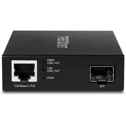 Convertisseur de média fibre optique TRENDnet Gigabit Poe Pd SFP ; convertisseur de média fibre 100/1000Base-T vers SFP alimenté par Poe ; conception compacte ; TFC-PGSFP TFC-PGSFP
