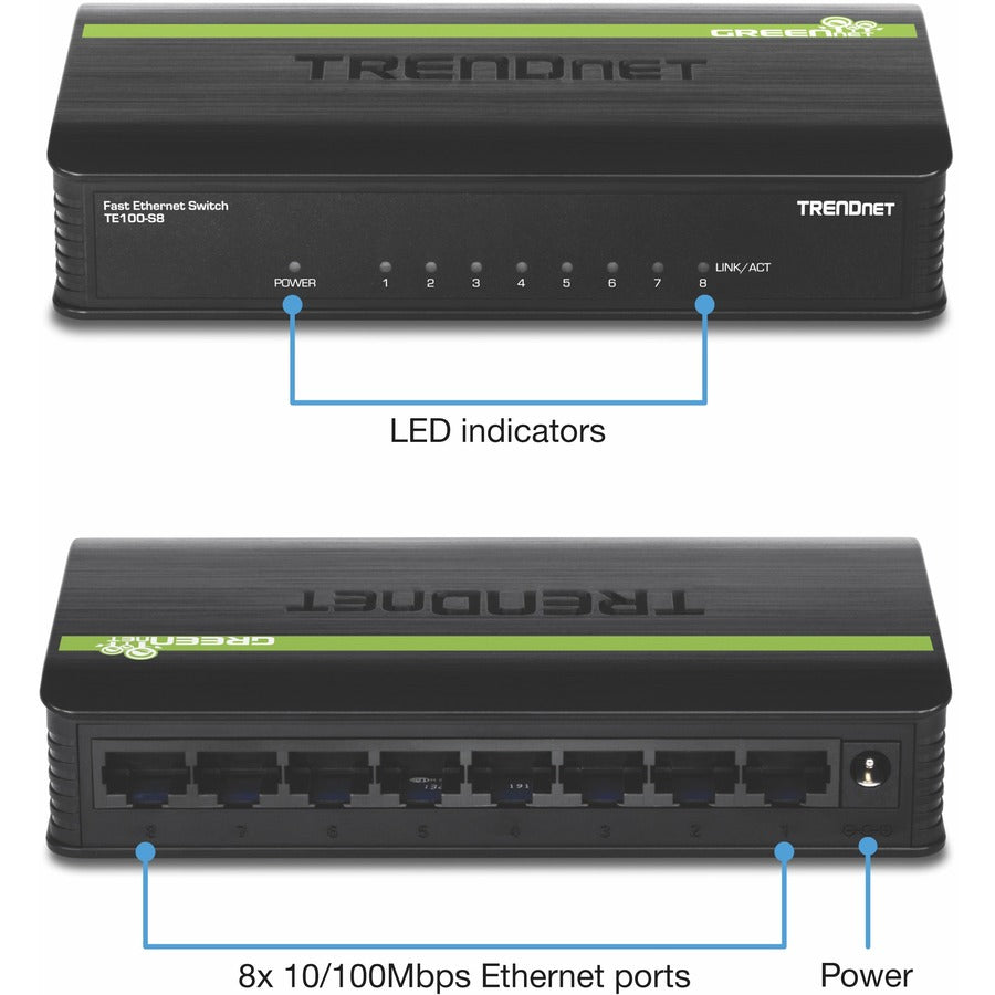 TRENDnet Commutateur de bureau Ethernet GREENnet 10/100 Mbps non géré à 8 ports ; TE100-S8 ; 8 ports Ethernet 10/100 Mbps ; capacité de commutation de 1,6 Gbps ; boîtier en plastique ; commutateur Ethernet réseau ; Plug &amp; Play TE100-S8