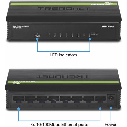 TRENDnet Commutateur de bureau Ethernet GREENnet 10/100 Mbps non géré à 8 ports ; TE100-S8 ; 8 ports Ethernet 10/100 Mbps ; capacité de commutation de 1,6 Gbps ; boîtier en plastique ; commutateur Ethernet réseau ; Plug &amp; Play TE100-S8