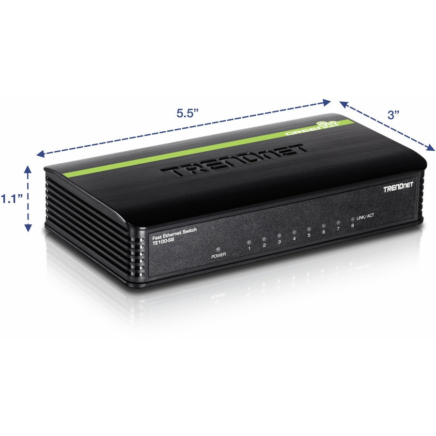 TRENDnet Commutateur de bureau Ethernet GREENnet 10/100 Mbps non géré à 8 ports ; TE100-S8 ; 8 ports Ethernet 10/100 Mbps ; capacité de commutation de 1,6 Gbps ; boîtier en plastique ; commutateur Ethernet réseau ; Plug &amp; Play TE100-S8