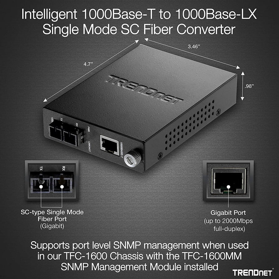 Convertisseur de média fibre optique monomode 1000Base-T vers 1000Base-LX/SX intelligent TRENDnet (20 km ; 12,4 miles) ; convertisseur fibre vers Ethernet ; port fibre de type SC ; RJ-45 ; protection à vie ; TFC-1000S20 TFC-1000S20