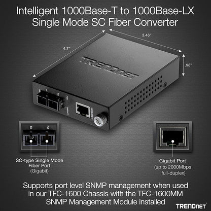 Convertisseur de média fibre optique monomode 1000Base-T vers 1000Base-LX/SX intelligent TRENDnet (20 km ; 12,4 miles) ; convertisseur fibre vers Ethernet ; port fibre de type SC ; RJ-45 ; protection à vie ; TFC-1000S20 TFC-1000S20