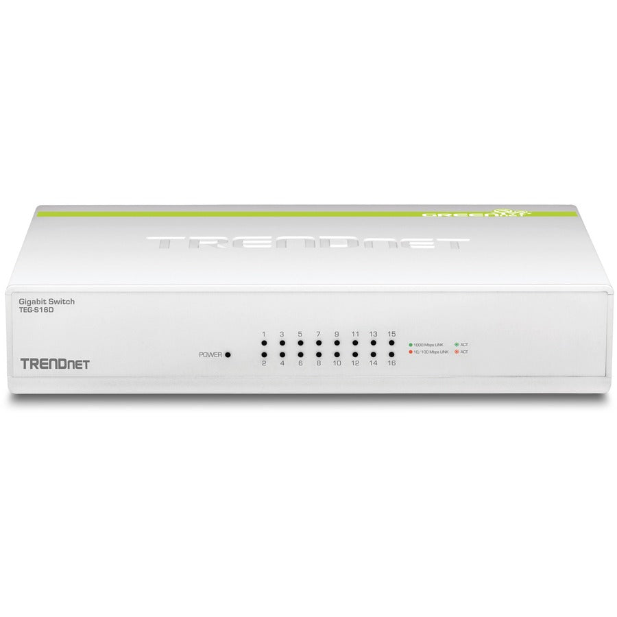 TRENDnet 16-Port Gigabit GREENnet Switch, Polycarbonate, QoS Prioritization, 32 Gbps Switching Fabric, Fanless, Plug and Play, Network Ethernet Switch, Jumbo Frame Support, White, TEG-S16D TEG-S16D