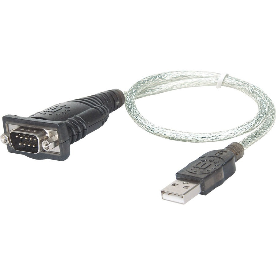 Manhattan USB-A to Serial Converter cable, 45cm, Male to Male, Serial/RS232/COM/DB9, Prolific PL-2303RA Chip, Equivalent to Startech ICUSB232V2, Black/Silver cable, Three Year Warranty, Blister 205146