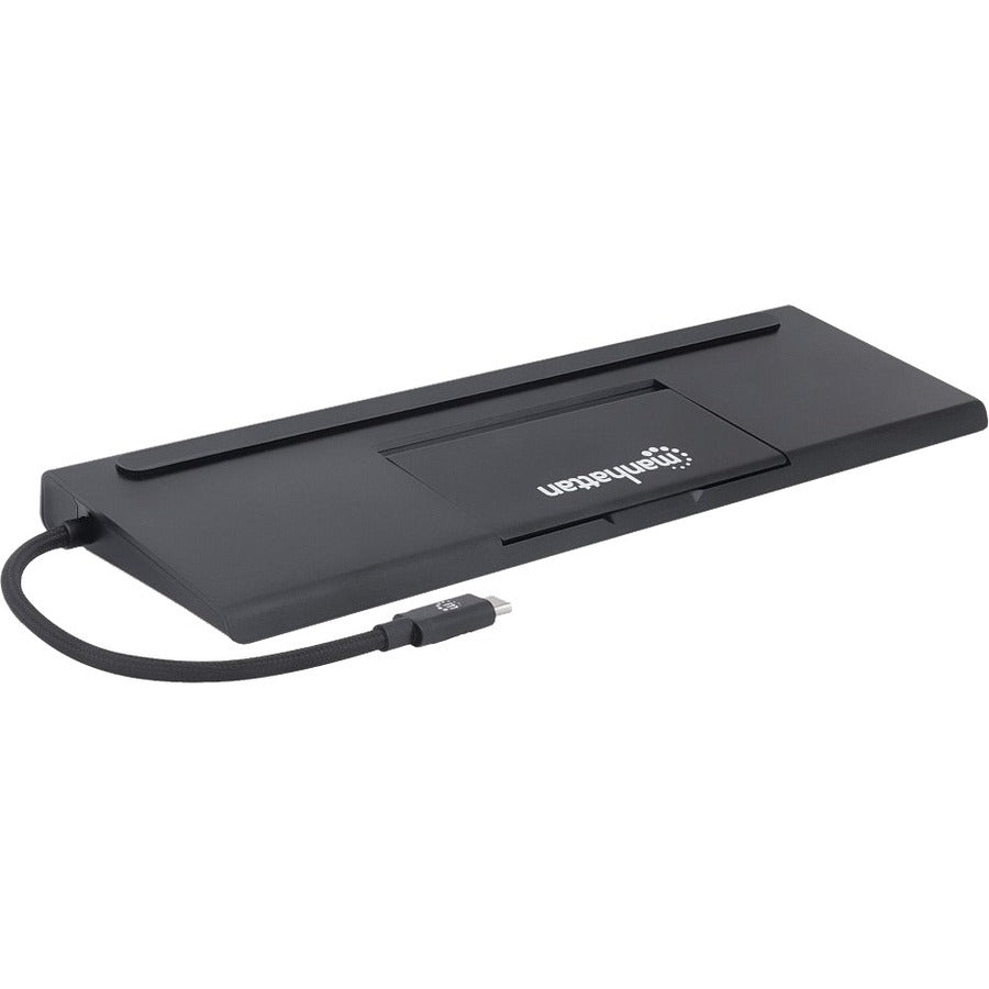 Manhattan USB-C Dock/Hub with Card Reader and MST, Ports (x9): Audio 3.5mm, DisplayPort, Ethernet, HDMI, USB-A (x3), USB-C and VGA, With Power Delivery to USB-C Port (100W), Cable 20cm, Black, Three Year Warranty, Retail Box 153478