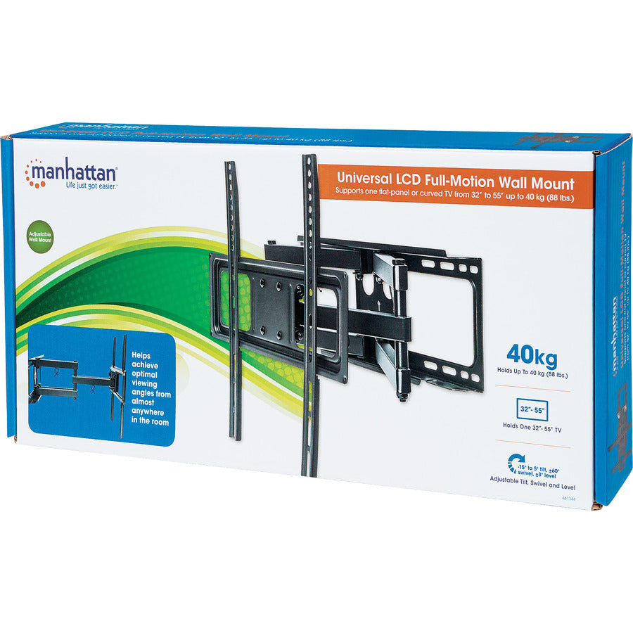 Manhattan TV & Monitor Mount, Wall, Full Motion, 1 screen, Screen Sizes: 32-55" , Black, VESA 100x100 to 400x400mm, Max 40kg, LFD, Tilt & Swivel with 3 Pivots, Lifetime Warranty 461344