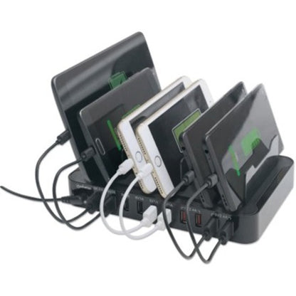 Station de charge Manhattan, 10 ports USB-A, sorties : 1 x 2,4 A (QC 2.0), 4 x 2,4 A et 5 x 1 A, noir, garantie de trois ans, boîte 180009