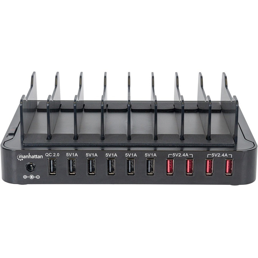 Station de charge Manhattan, 10 ports USB-A, sorties : 1 x 2,4 A (QC 2.0), 4 x 2,4 A et 5 x 1 A, noir, garantie de trois ans, boîte 180009
