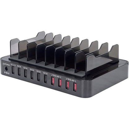 Station de charge Manhattan, 10 ports USB-A, sorties : 1 x 2,4 A (QC 2.0), 4 x 2,4 A et 5 x 1 A, noir, garantie de trois ans, boîte 180009