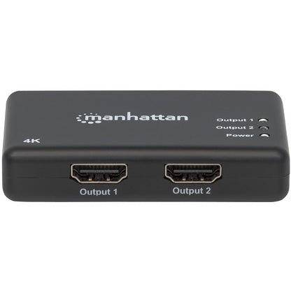 Manhattan HDMI Splitter 2-Port , 4K@30Hz, Displays output from x1 HDMI source to x2 HD displays (same output to both displays), AC Powered (cable 0.9m), Black, Three Year Warranty, Retail Box (With Euro 2-pin plug) 207669