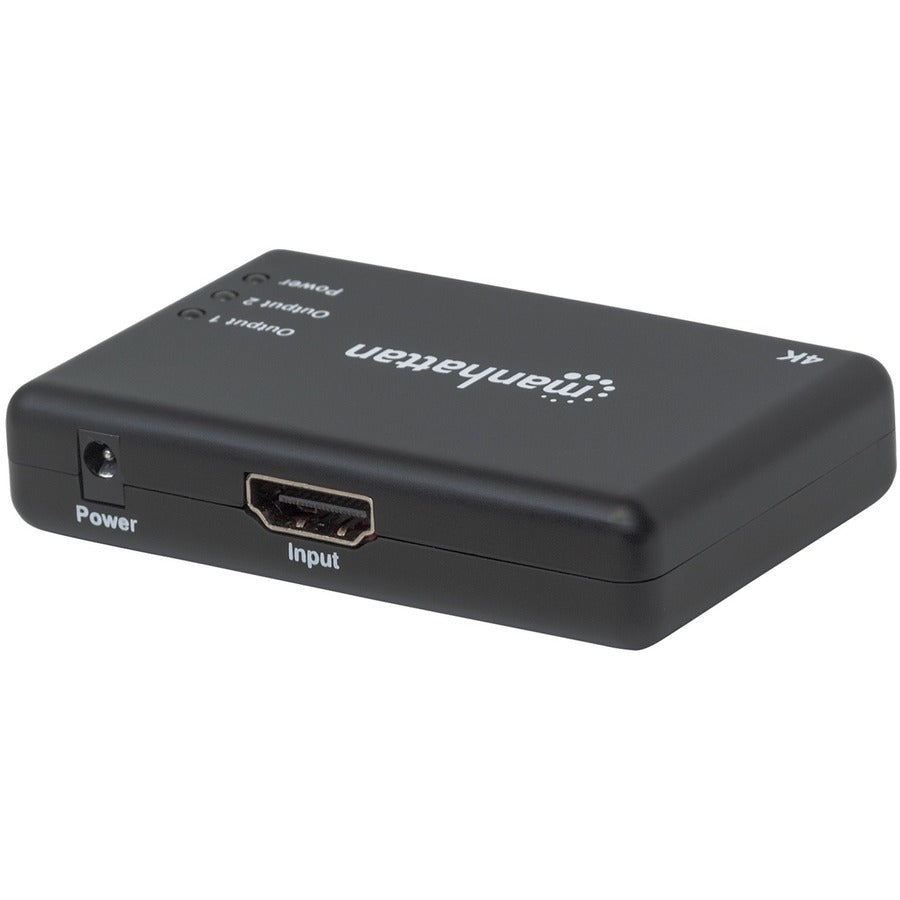 Manhattan HDMI Splitter 2-Port , 4K@30Hz, Displays output from x1 HDMI source to x2 HD displays (same output to both displays), AC Powered (cable 0.9m), Black, Three Year Warranty, Retail Box (With Euro 2-pin plug) 207669