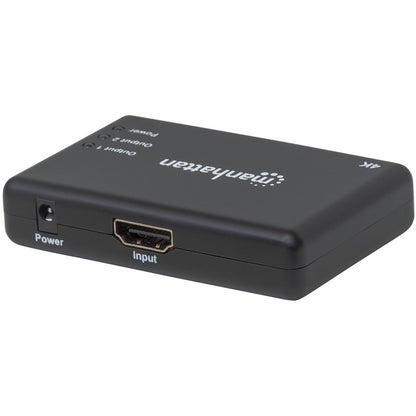 Manhattan HDMI Splitter 2-Port , 4K@30Hz, Displays output from x1 HDMI source to x2 HD displays (same output to both displays), AC Powered (cable 0.9m), Black, Three Year Warranty, Retail Box (With Euro 2-pin plug) 207669