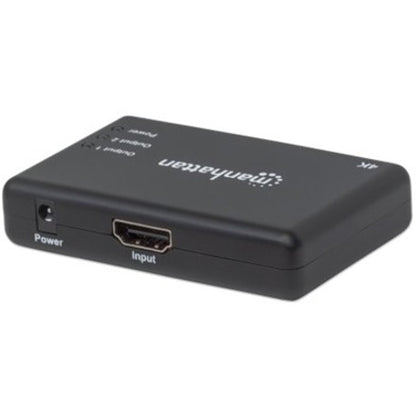 Manhattan HDMI Splitter 2-Port , 4K@30Hz, Displays output from x1 HDMI source to x2 HD displays (same output to both displays), AC Powered (cable 0.9m), Black, Three Year Warranty, Retail Box (With Euro 2-pin plug) 207669