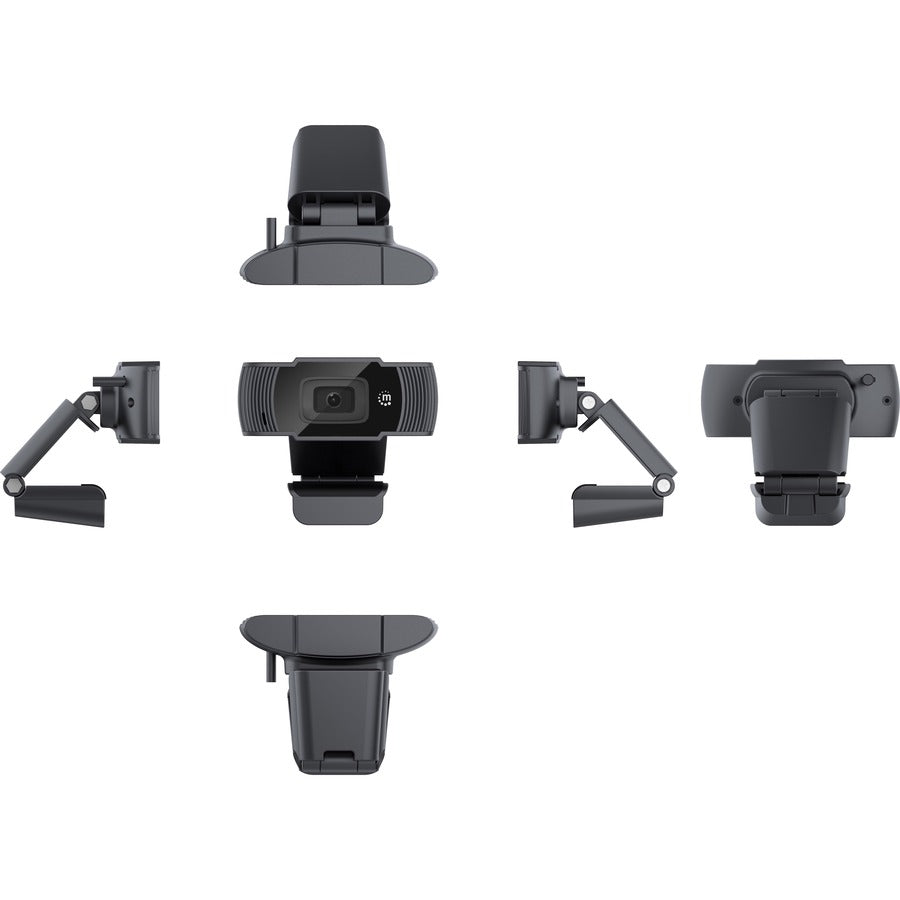 Webcam USB Manhattan, deux mégapixels, 1080p Full HD, USB-A, microphone intégré, base à clip réglable, 30 images par seconde, noir, garantie de trois ans, boîte 462006