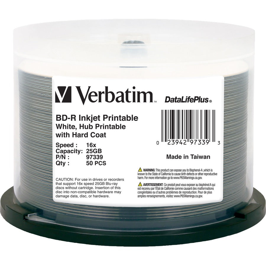 Verbatim BD-R 25 Go 6X DataLifePlus Blanc Jet d'encre Imprimable, Hub Imprimable - 50pk Spindle 97339