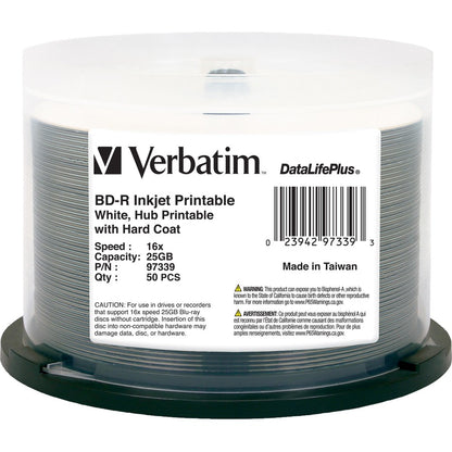 Verbatim BD-R 25 Go 6X DataLifePlus Blanc Jet d'encre Imprimable, Hub Imprimable - 50pk Spindle 97339