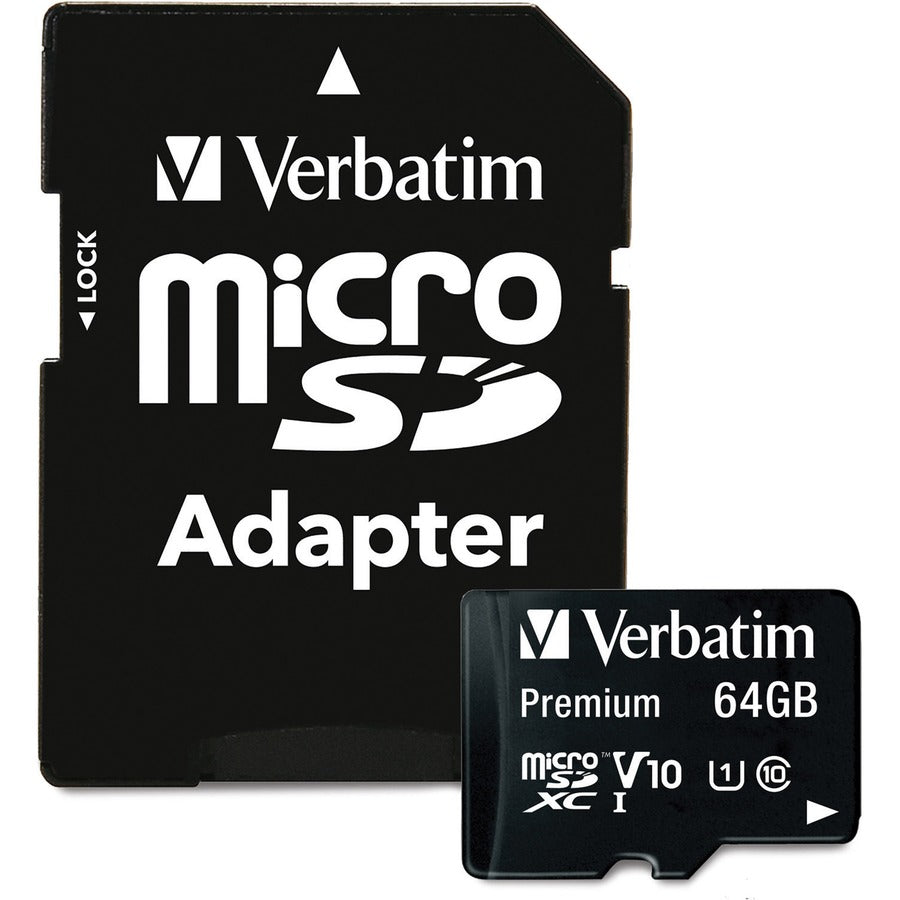 Carte mémoire microSDXC Premium Verbatim 64 Go avec adaptateur, UHS-I V10 U1 Classe 10 44084