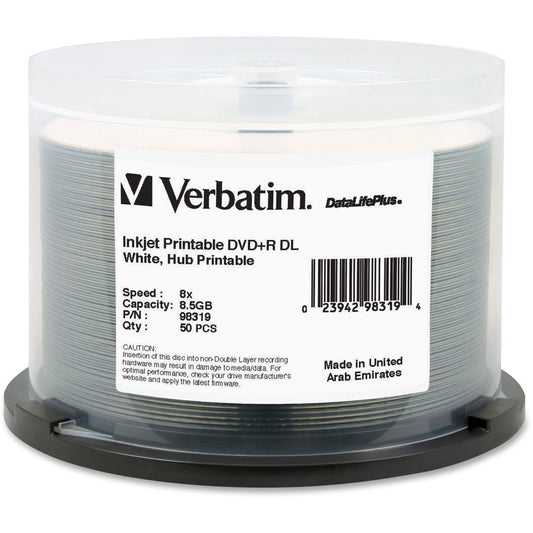 Support enregistrable DVD Verbatim DataLifePlus - DVD+R DL - 8x - 8,50 Go - Lot de 50 broches 98319