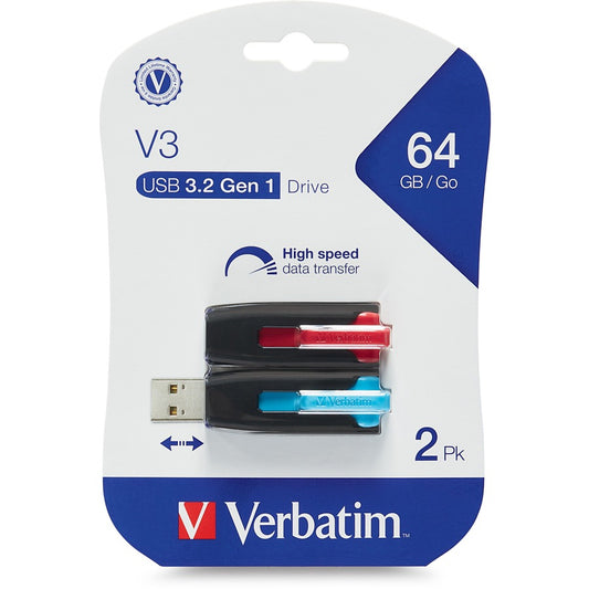 Clé USB 3.2 Gen 1 Store 'n' Go® V3 de Verbatim 64 Go - Lot de 2 - Rouge, bleu 70899